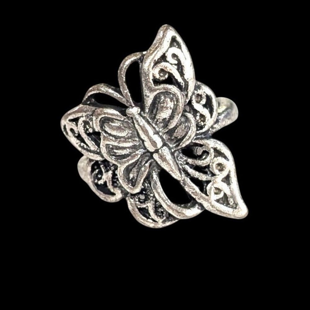 Vintage Butterfly Ring Silver Tone Metal Filigree Statement Boho Size 6